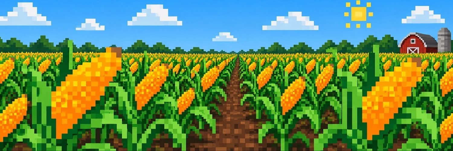 Pixel-art cornfield beneath a blue sky, with a red barn in the distance